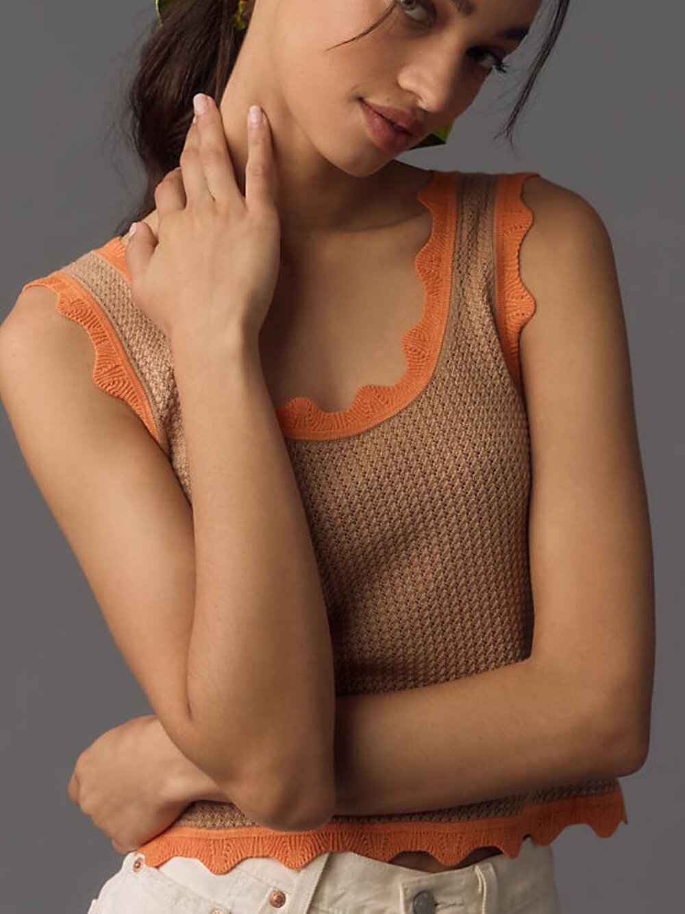 NEW Anthropologie Maeve Crop Scallop Sweater Tank Tan / Orange Motif - M
